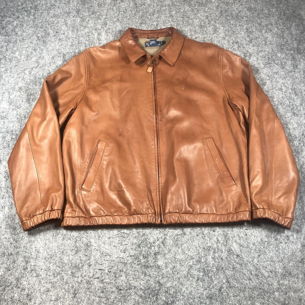 Vintage Polo Ralph Lauren Leather Bomber Jacket Mens XL Brown Pony Logo